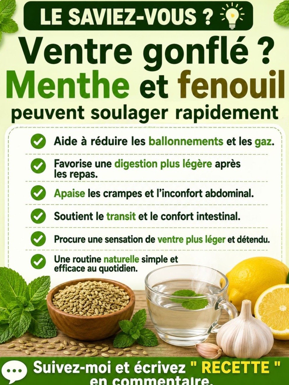 Ventre gonflé après manger ? Ce SECRET NATUREL à la menthe et au fenouil va tout changer en 10 minutes !